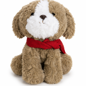 Brown puppy plush toy with fluffy white face and red knitted scarf, 35cm soft teddy