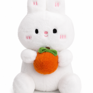White bunny plush toy with rosy cheeks holding an orange fruit, soft rabbit teddy
