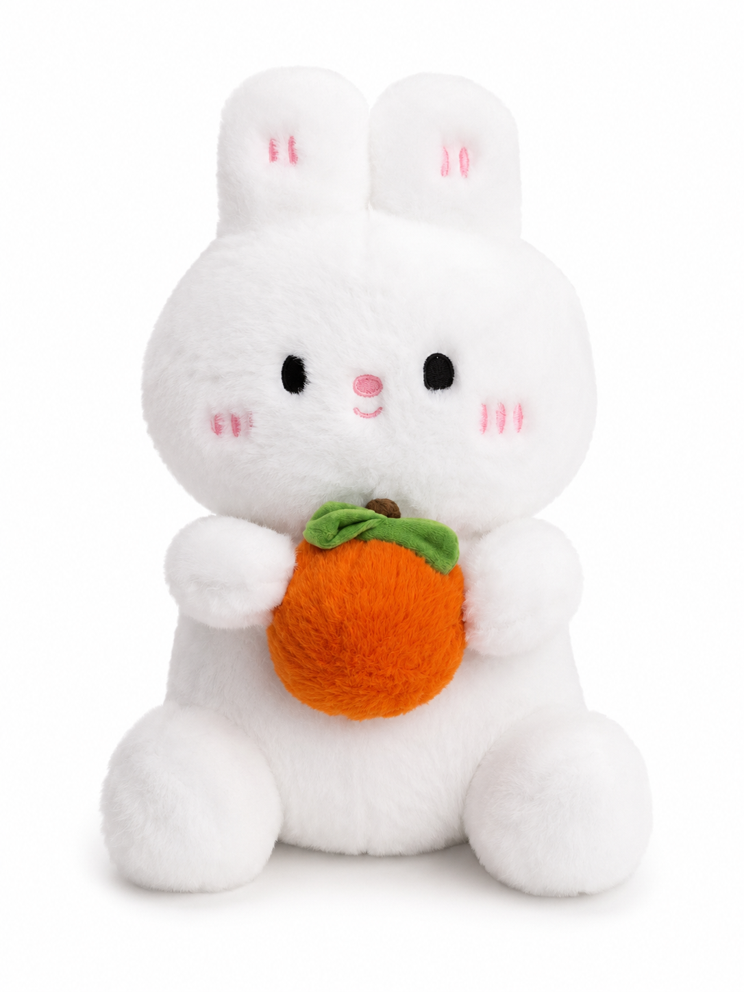 White bunny plush toy with rosy cheeks holding an orange fruit, soft rabbit teddy