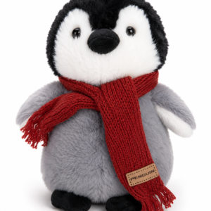 Grey and white penguin plush toy with a knitted rust-red scarf, soft cuddly teddy