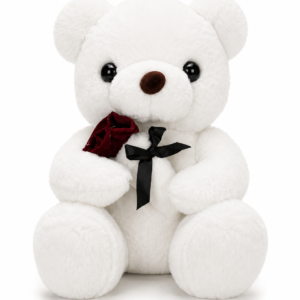White teddy bear plush holding a red rose with a black bow, romantic soft toy gift
