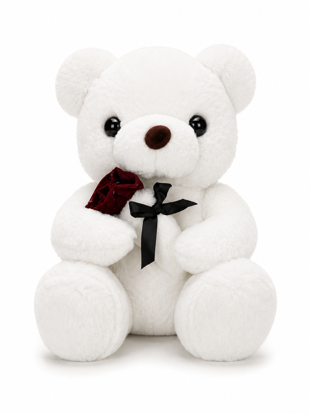 White teddy bear plush holding a red rose with a black bow, romantic soft toy gift